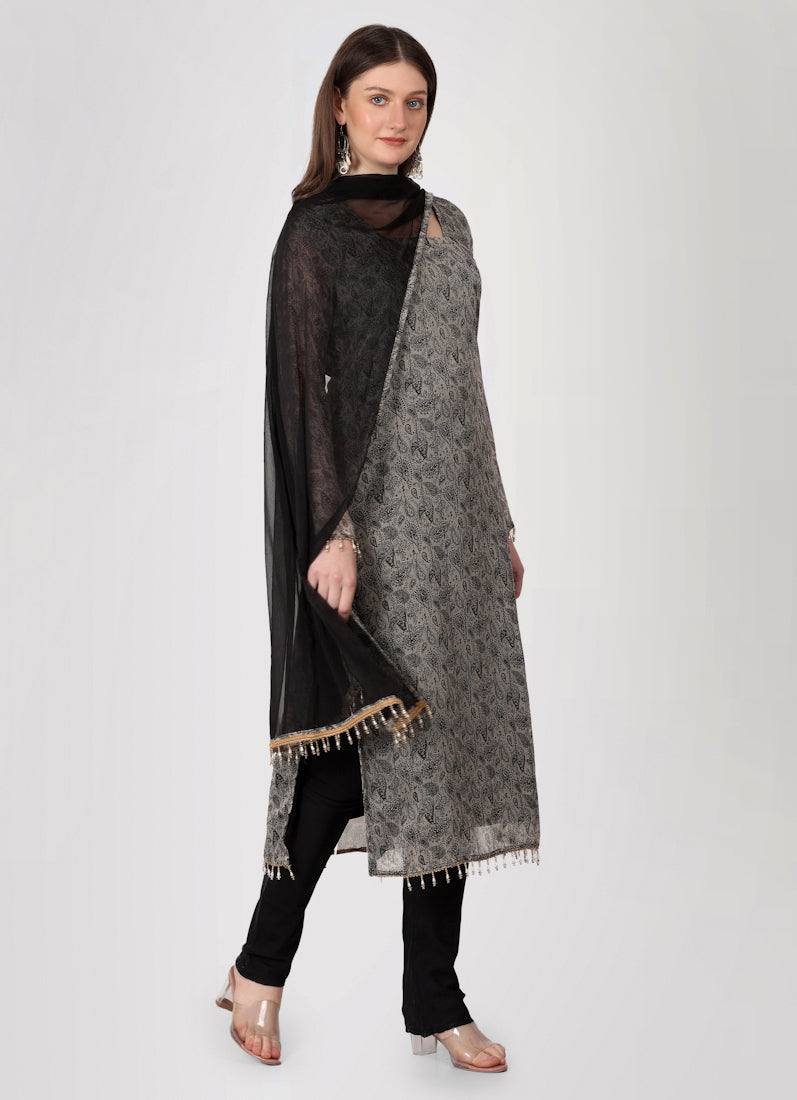 Grey Georgette Printed Straight Cut Suit Set