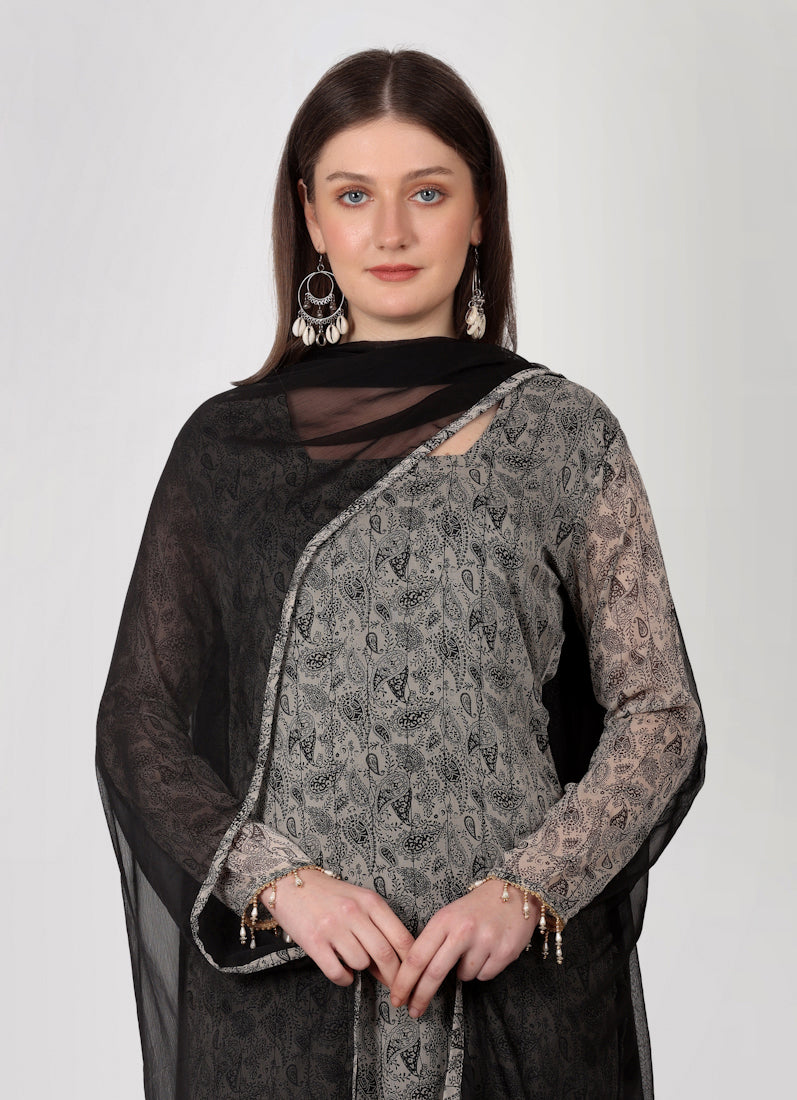 Grey Georgette Printed Straight Cut Suit Set