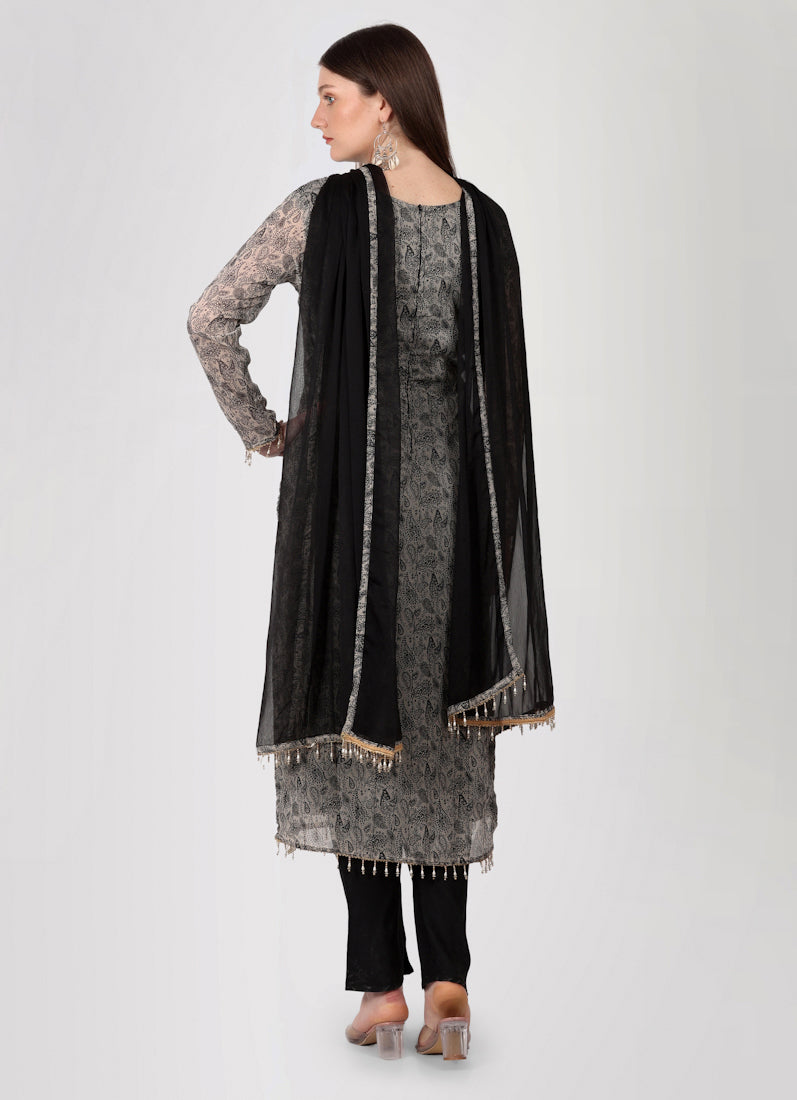Grey Georgette Printed Straight Cut Suit Set