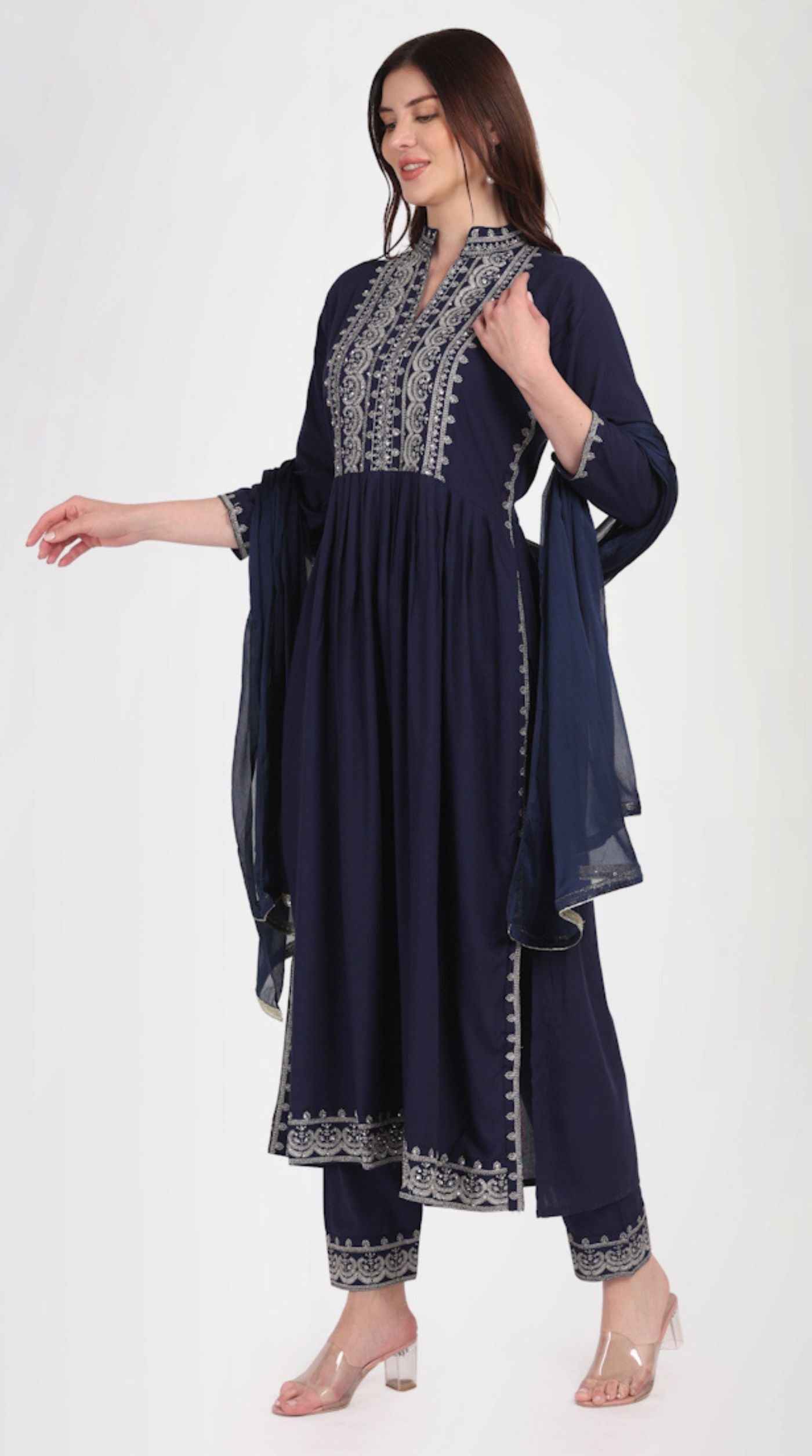 Navy Blue Zari Embroidered Suit Set
