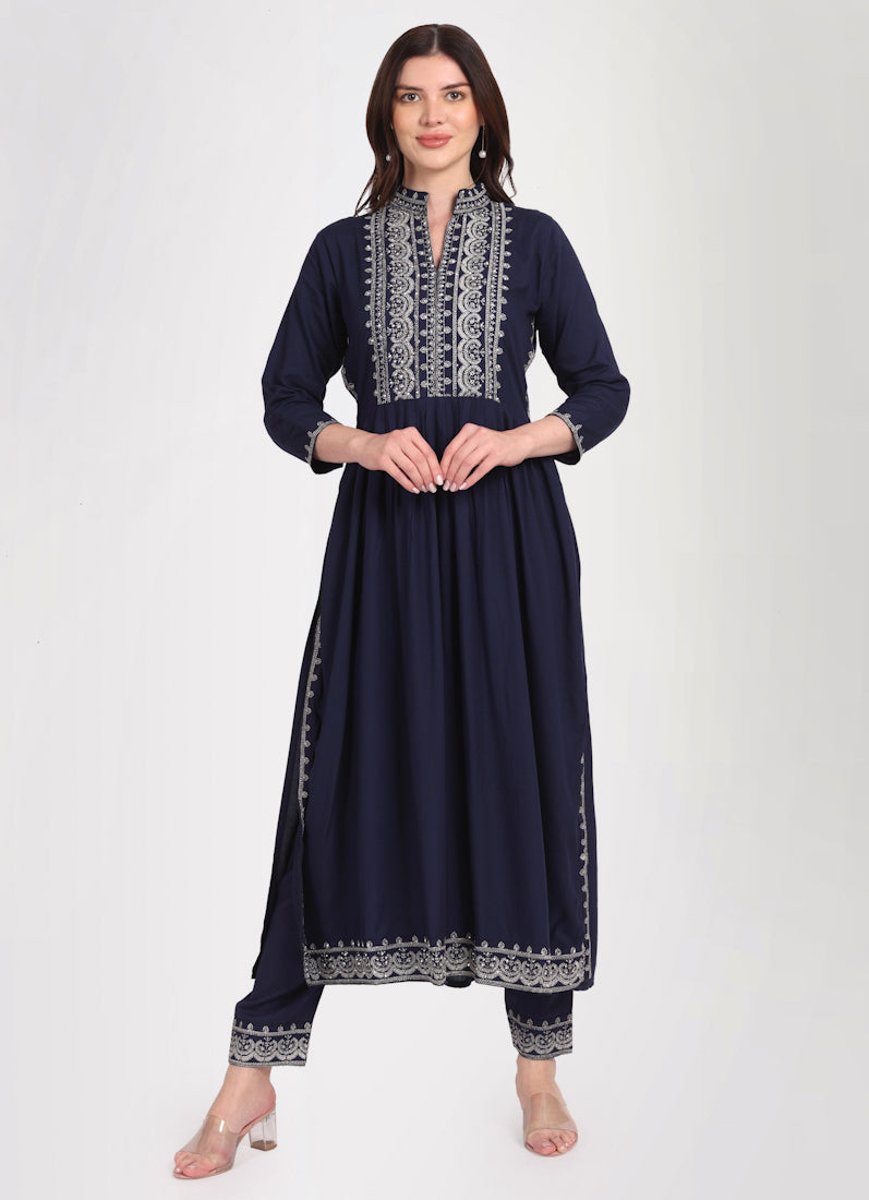 Navy Blue Zari Embroidered Suit Set