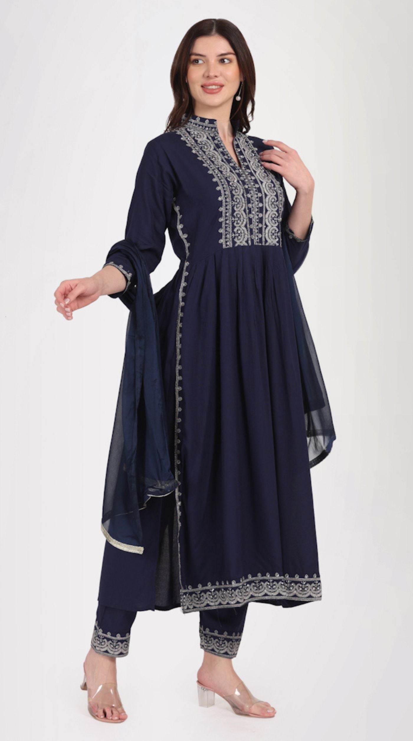 Navy Blue Zari Embroidered Suit Set
