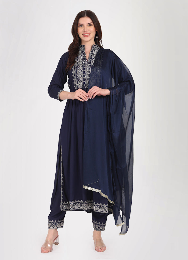 Navy Blue Zari Embroidered Suit Set