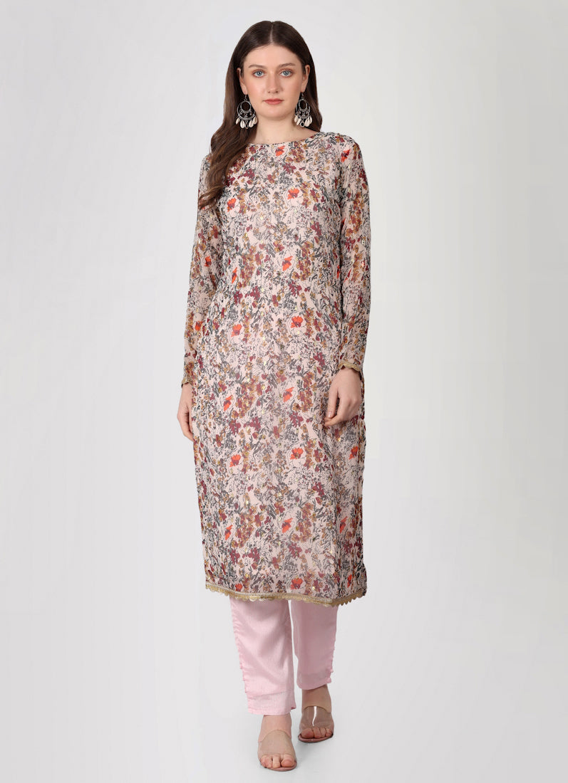 Light Pink Georgette Lurex Printed Suit Set