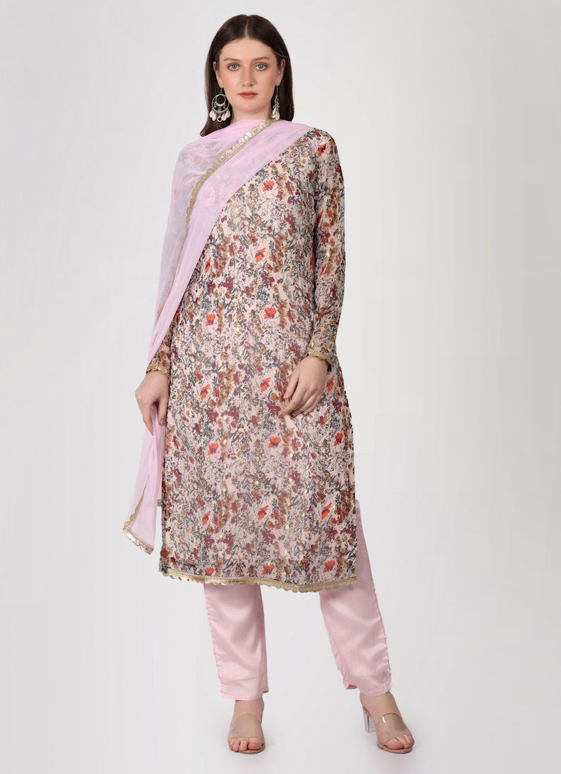 Light Pink Georgette Lurex Printed Suit Set