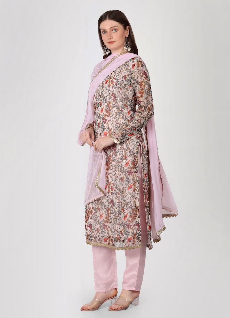 Light Pink Georgette Lurex Printed Suit Set