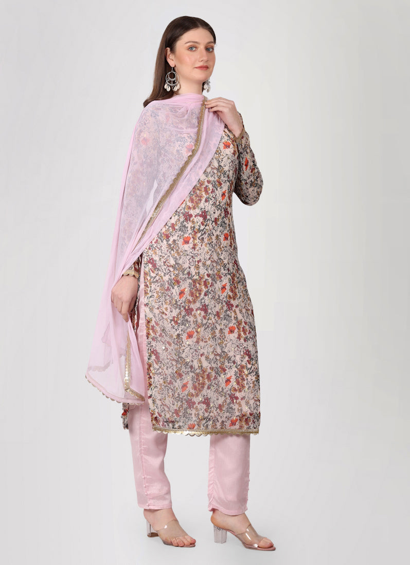 Light Pink Georgette Lurex Printed Suit Set