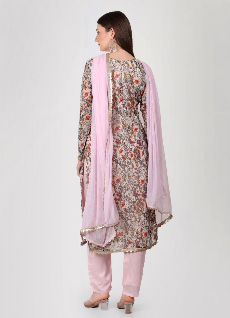Light Pink Georgette Lurex Printed Suit Set
