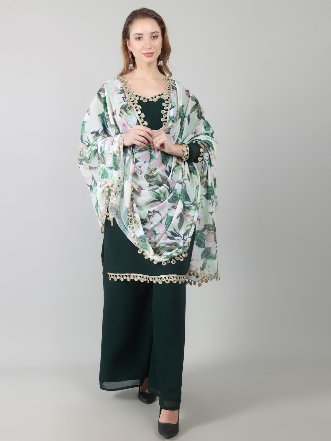 Dark Green Georgette Printed Dupatta Suit Set