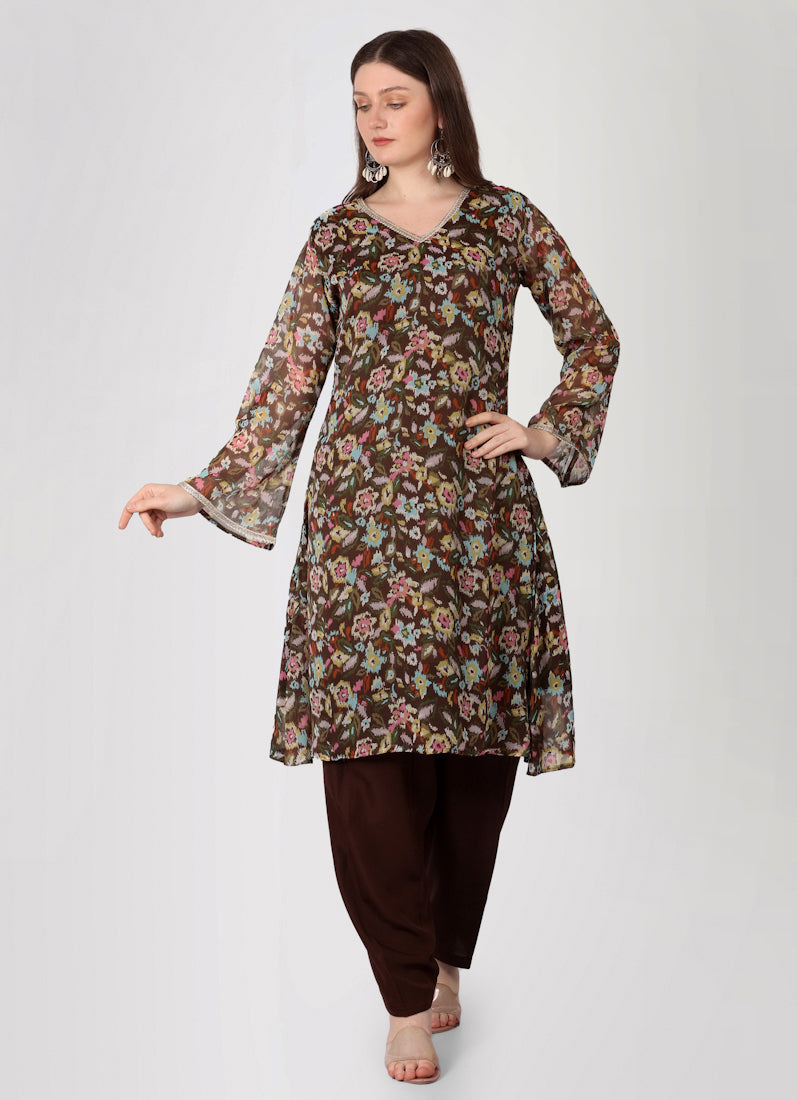 Brown Gerorgette Lurex A-Line Suit Set