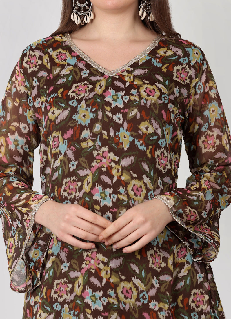Brown Gerorgette Lurex A-Line Suit Set