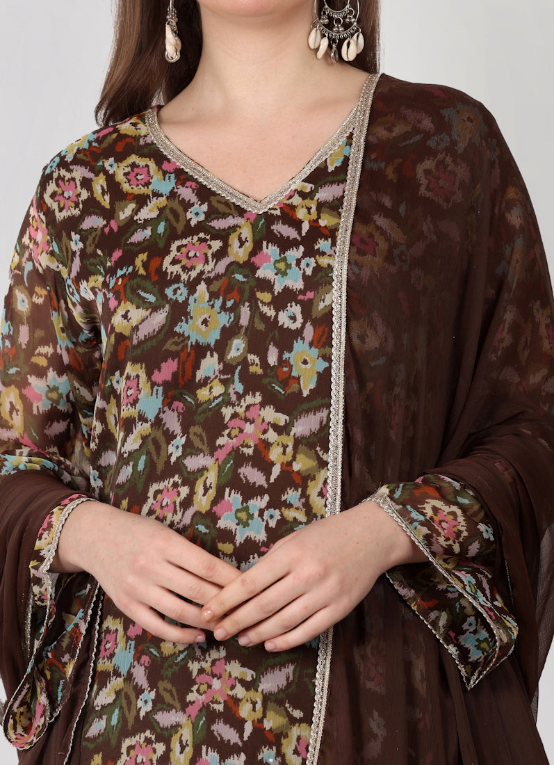 Brown Gerorgette Lurex A-Line Suit Set