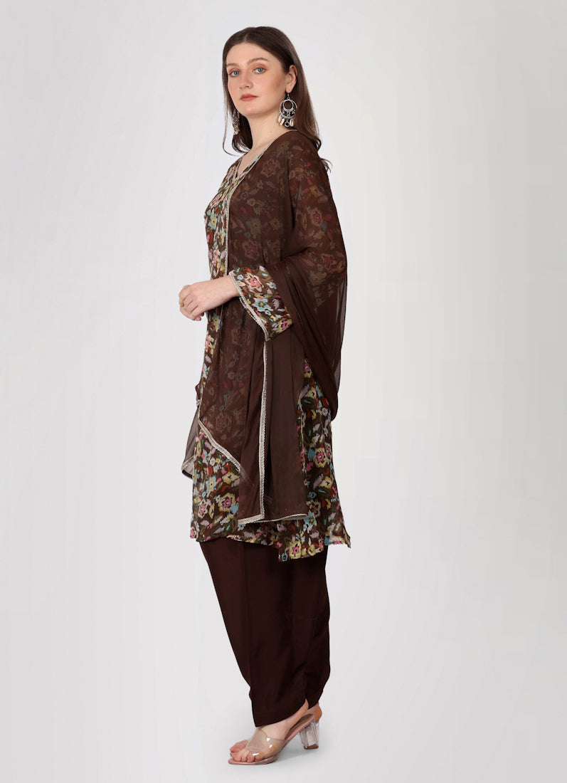 Brown Gerorgette Lurex A-Line Suit Set