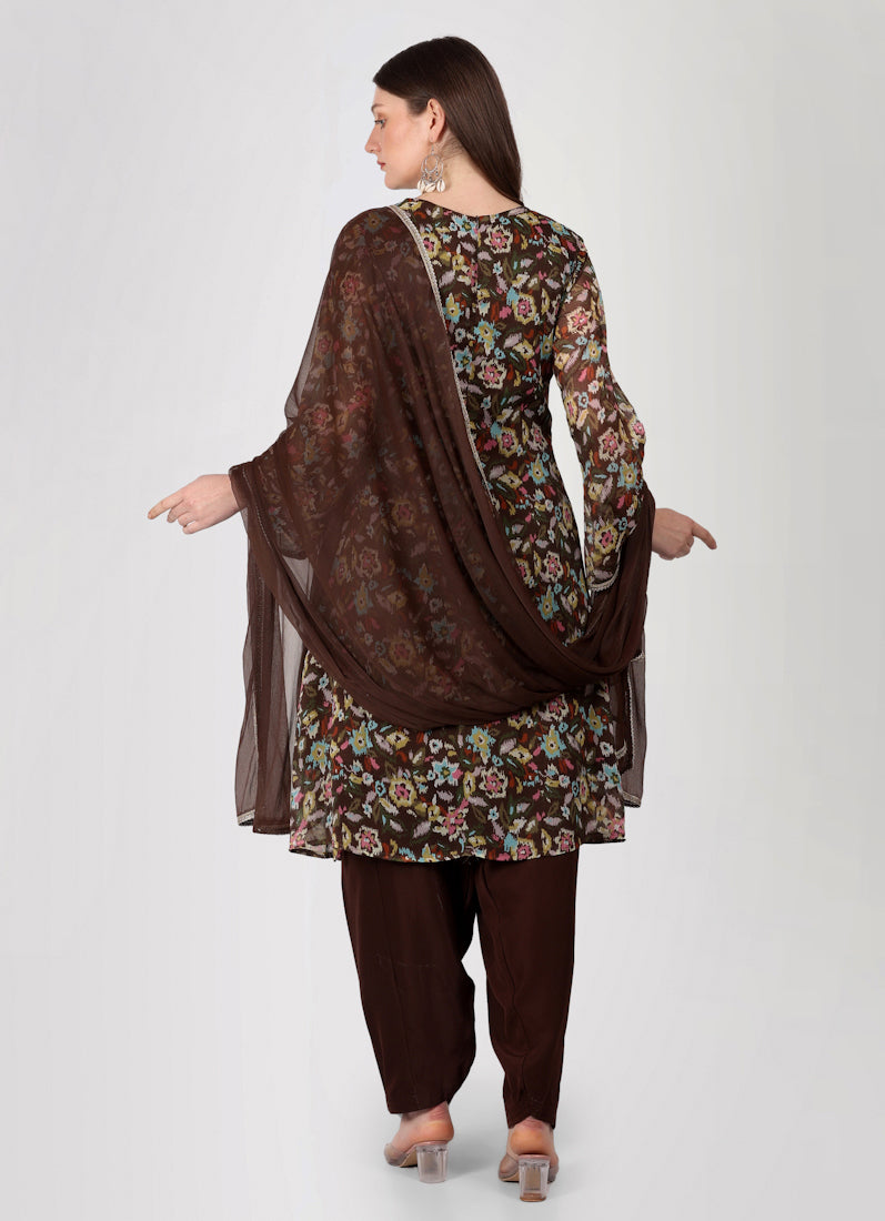 Brown Gerorgette Lurex A-Line Suit Set