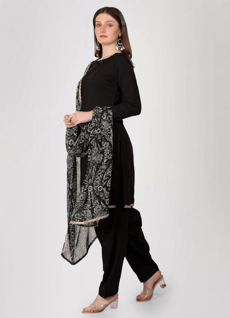 Black Crepe Printed Dupatta Suit Set