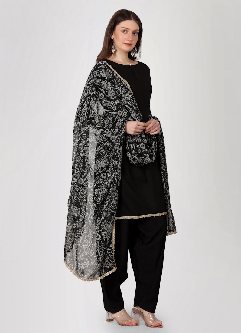 Black Crepe Printed Dupatta Suit Set