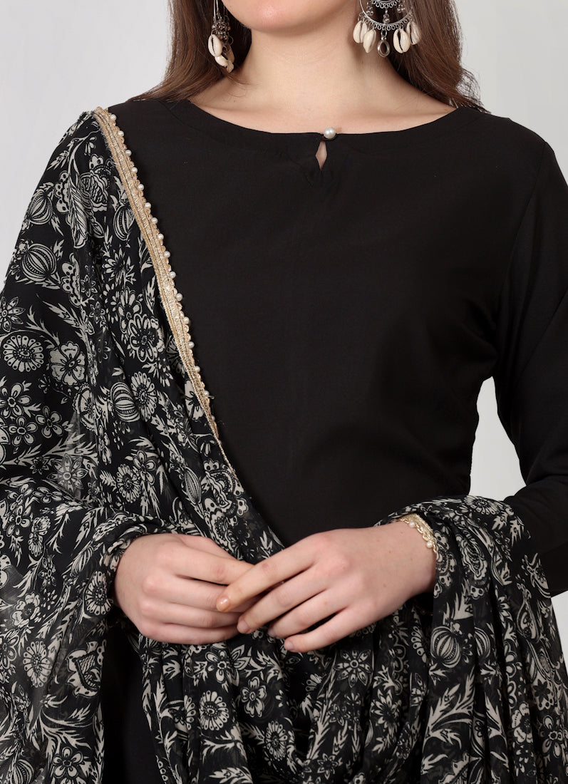 Black Crepe Printed Dupatta Suit Set