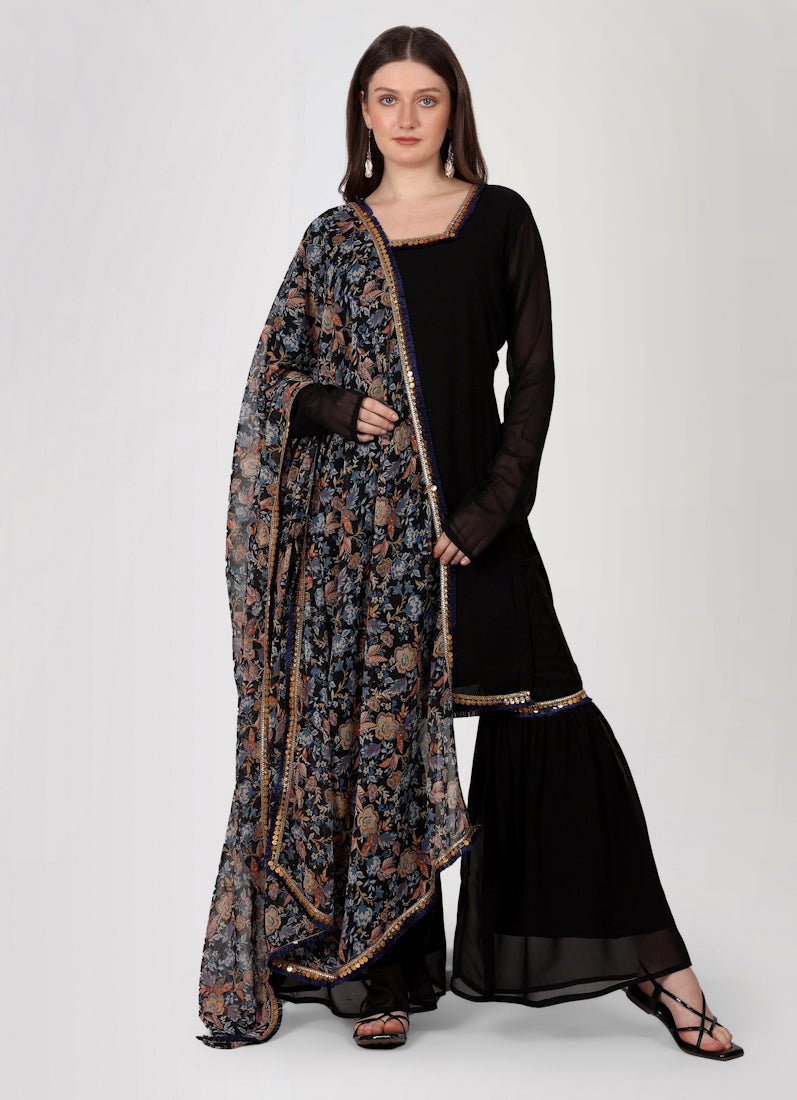 Black Georgette Gharara Printed Dupatta Suit Set