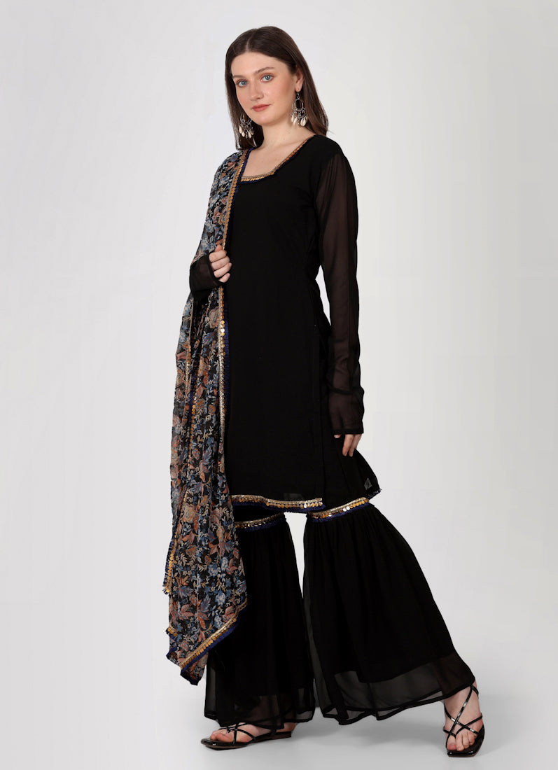 Black Georgette Gharara Printed Dupatta Suit Set