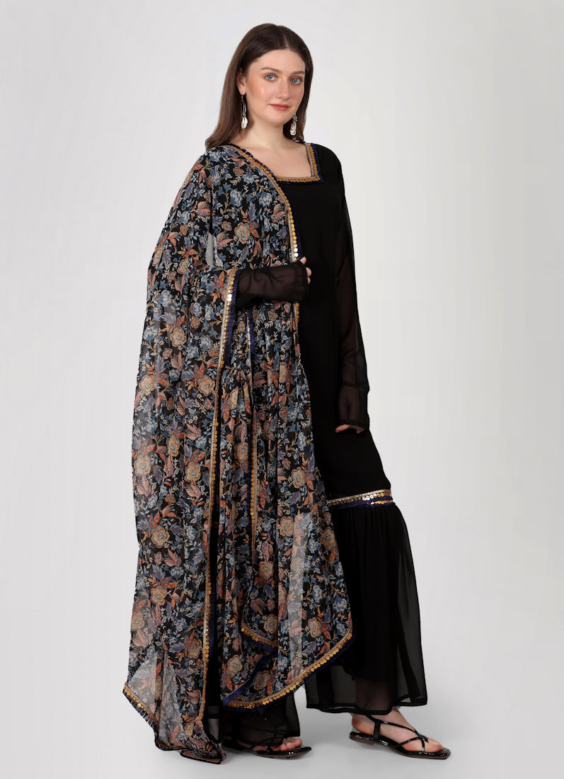 Black Georgette Gharara Printed Dupatta Suit Set