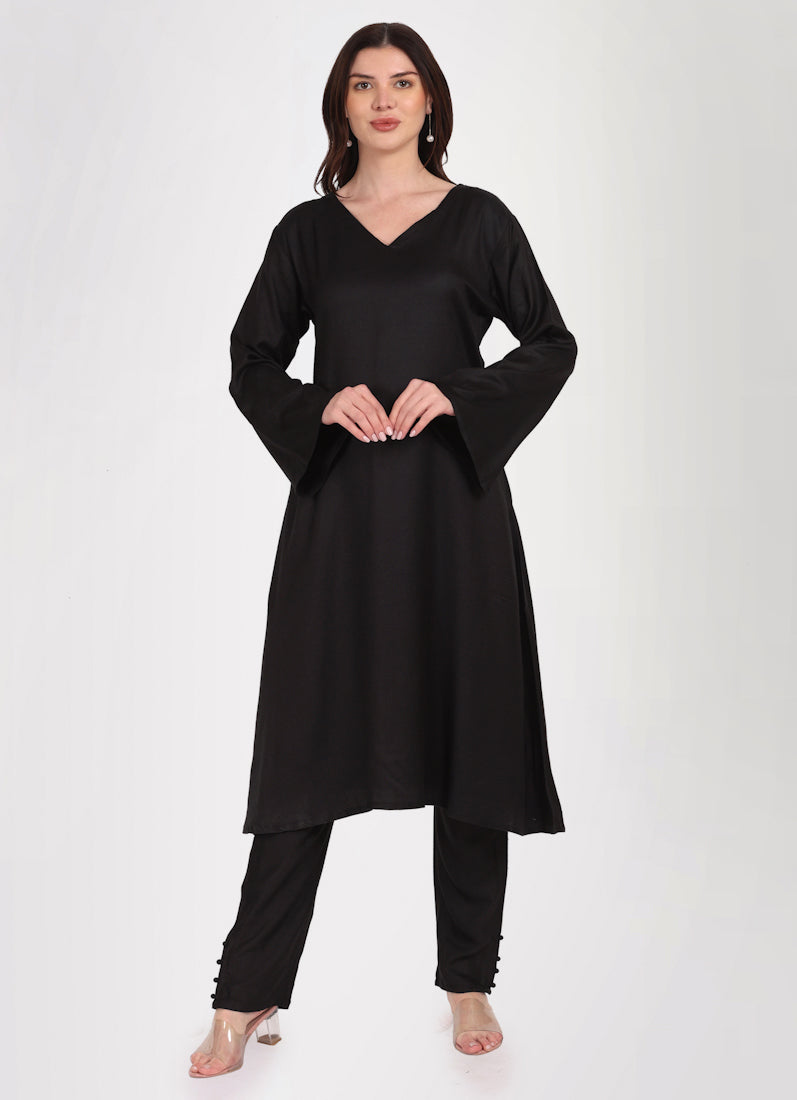 Black Rayon A-Line Shawl Suit Set