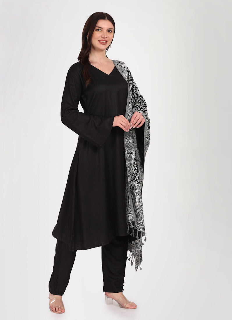 Black Rayon A-Line Shawl Suit Set