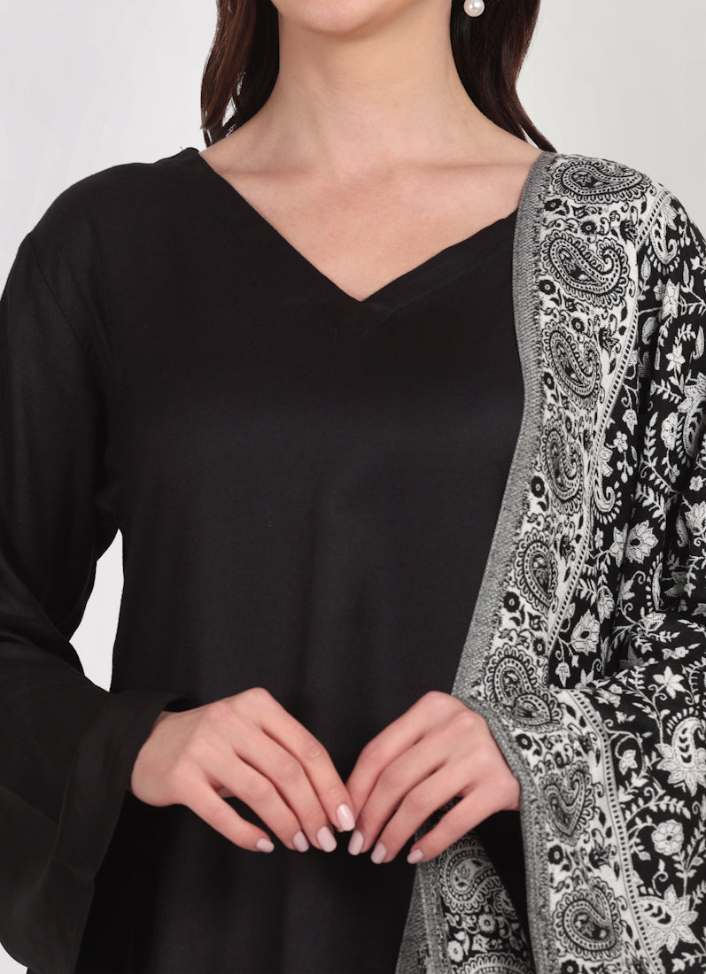 Black Rayon A-Line Shawl Suit Set
