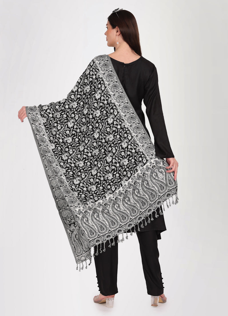 Black Rayon A-Line Shawl Suit Set