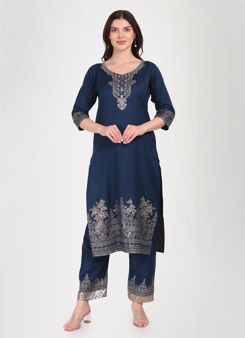 Navy Blue Shawl Straight Cut Suit Set