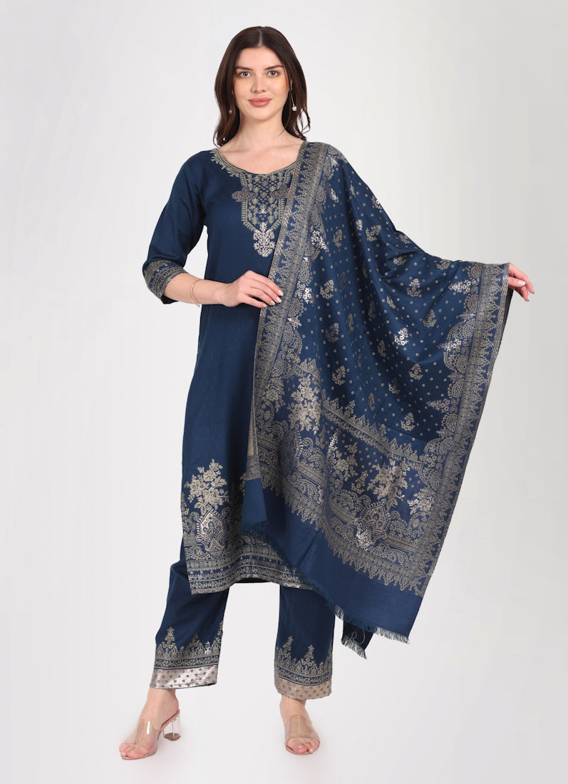 Navy Blue Shawl Straight Cut Suit Set
