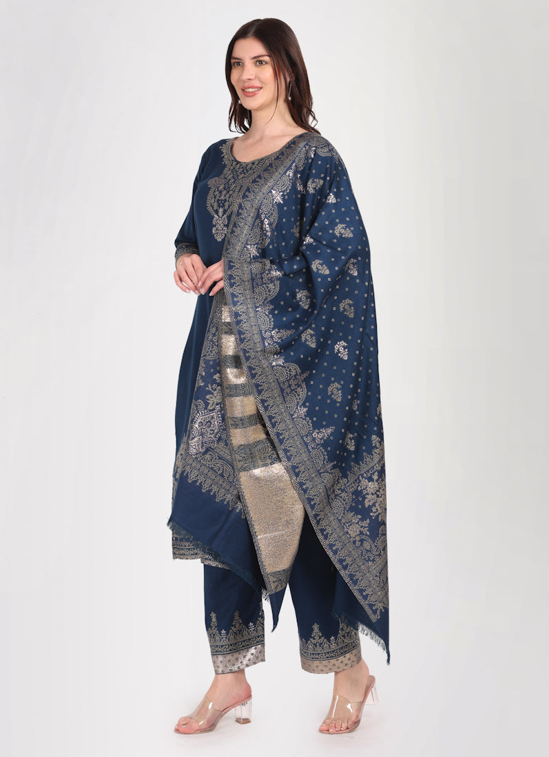 Navy Blue Shawl Straight Cut Suit Set