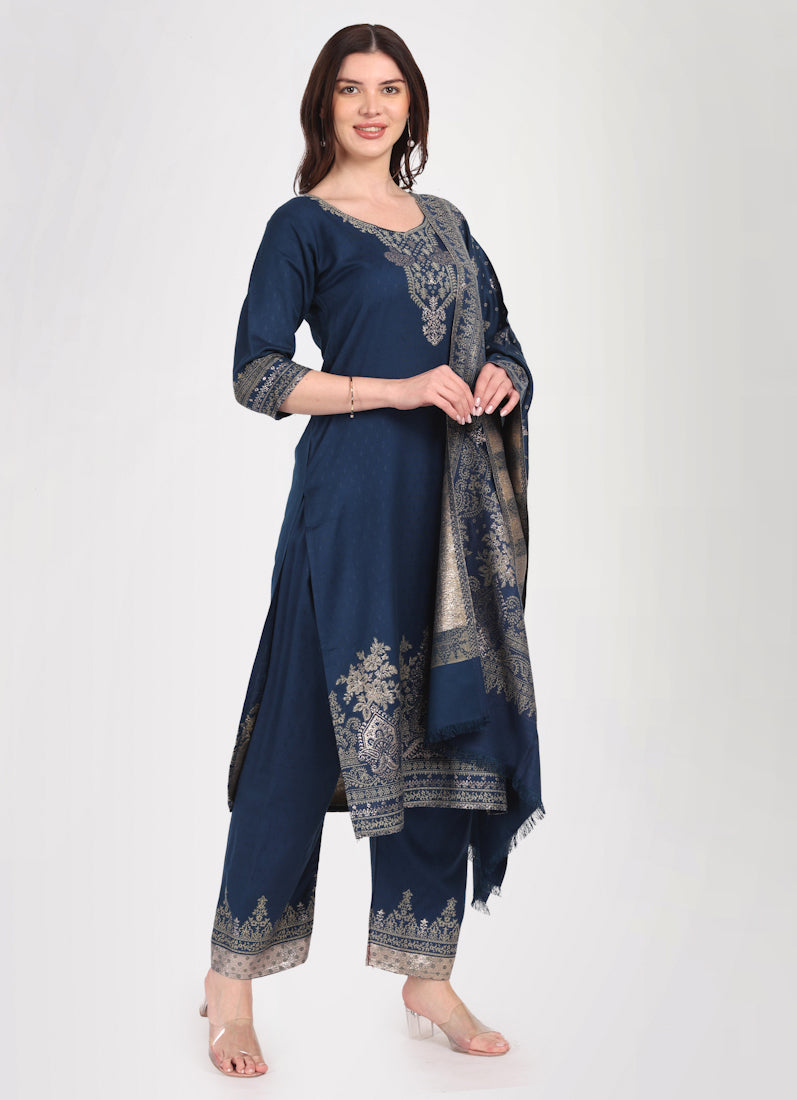 Navy Blue Shawl Straight Cut Suit Set