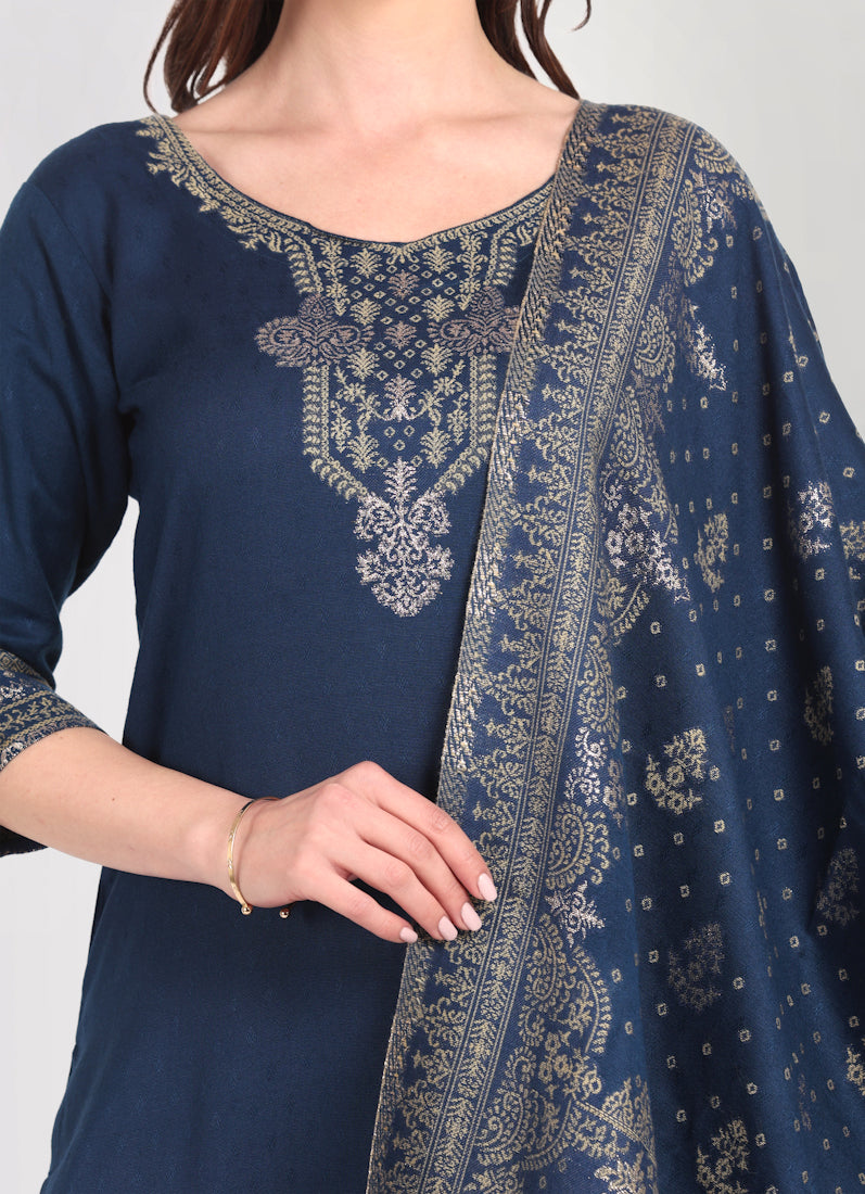 Navy Blue Shawl Straight Cut Suit Set