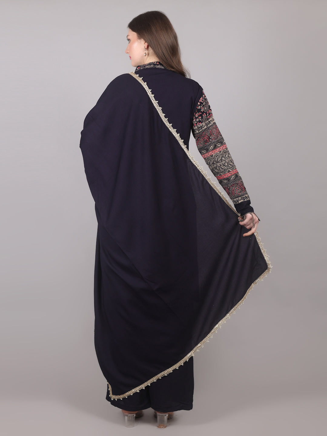 Navy Blue Shift Style Shawl Suit Set