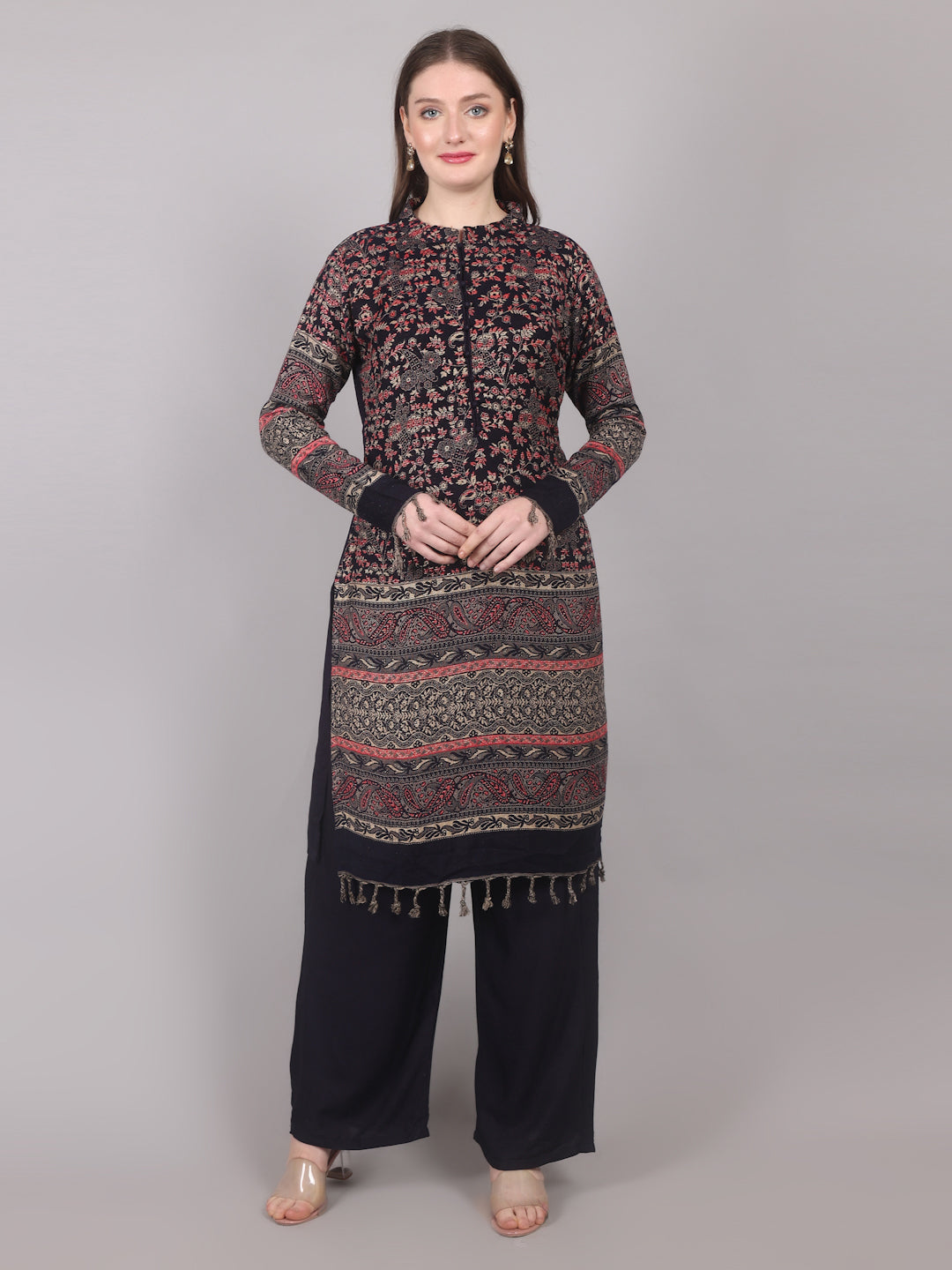 Navy Blue Shift Style Shawl Suit Set