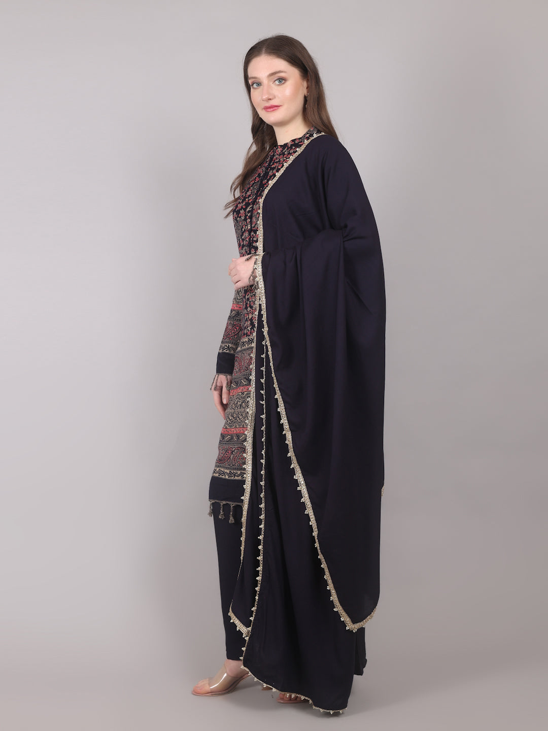 Navy Blue Shift Style Shawl Suit Set