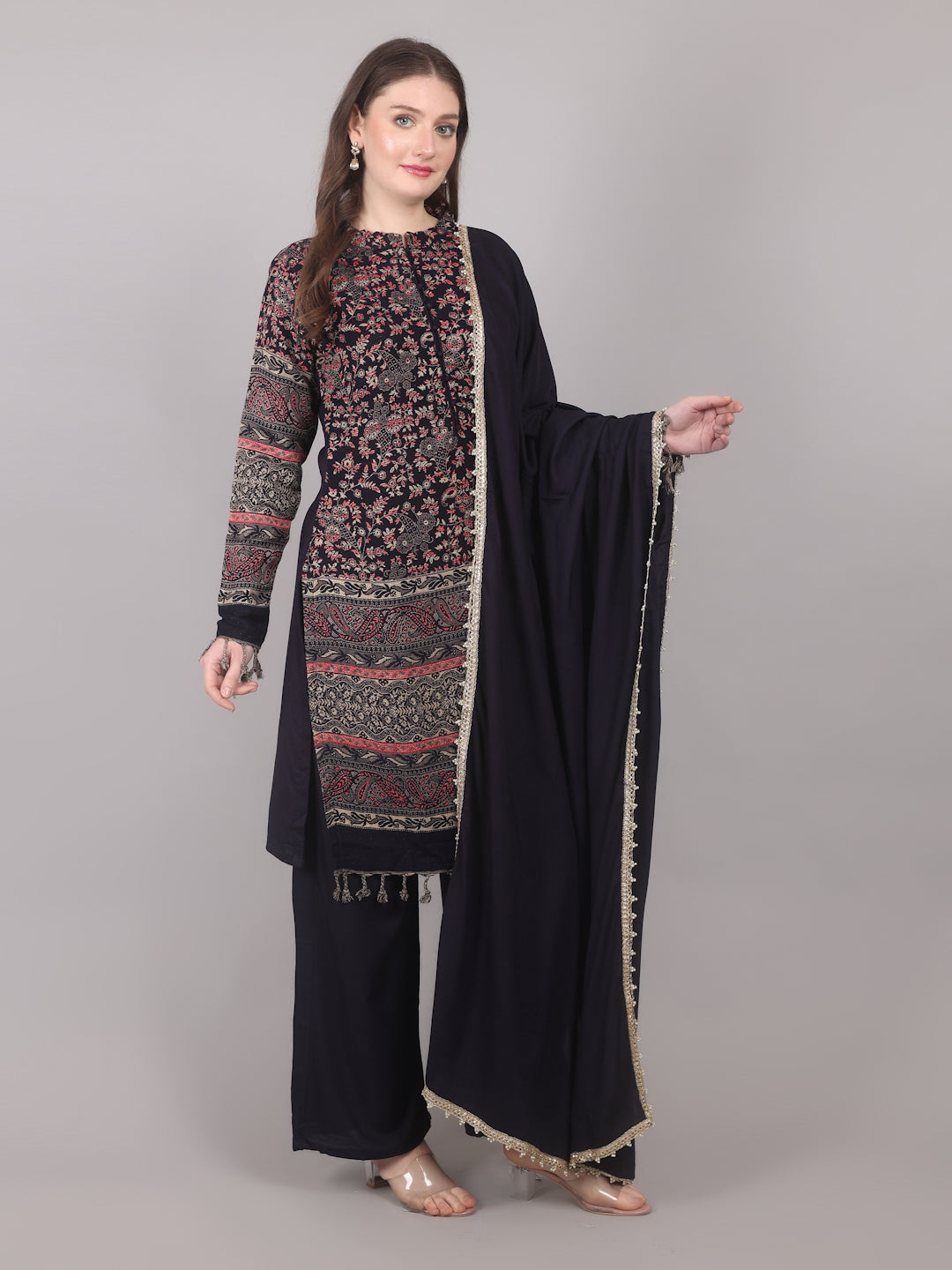 Navy Blue Shift Style Shawl Suit Set