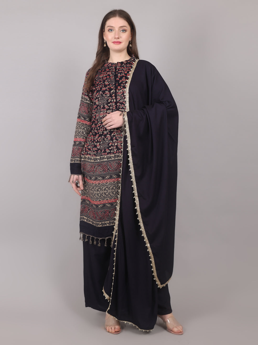 Navy Blue Shift Style Shawl Suit Set