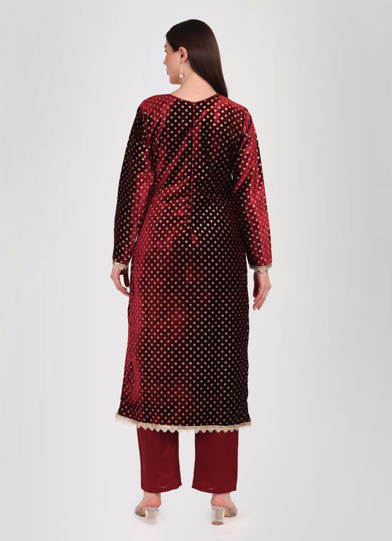 Maroon Velvet Straight Cut Suit Set