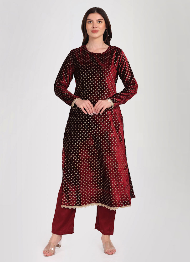 Maroon Velvet Straight Cut Suit Set