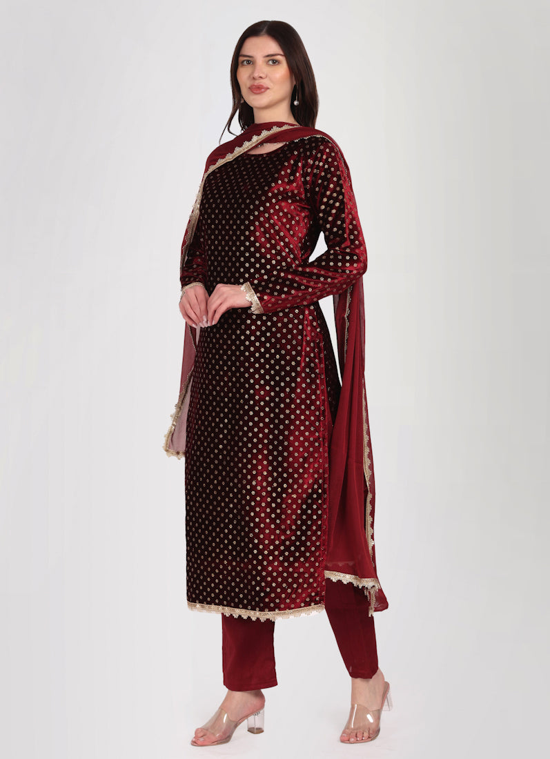 Maroon Velvet Straight Cut Suit Set