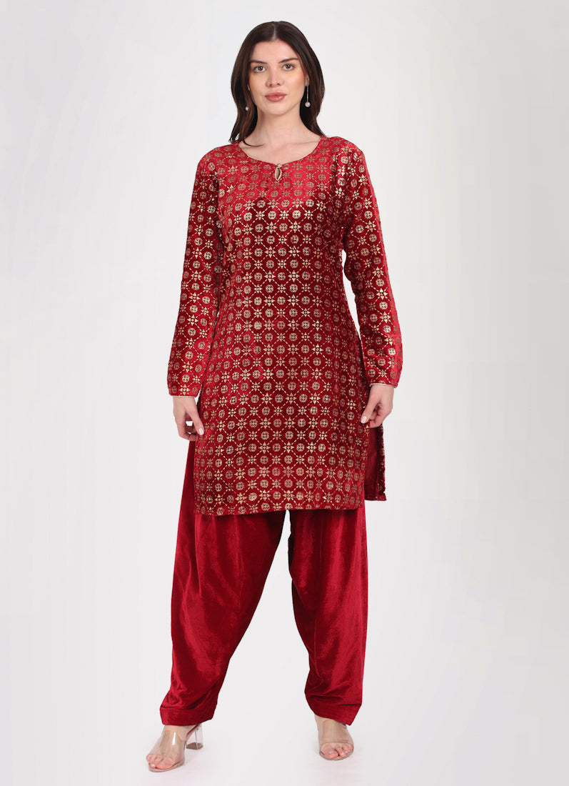 Maroon Velvet Shift Style Suit Set