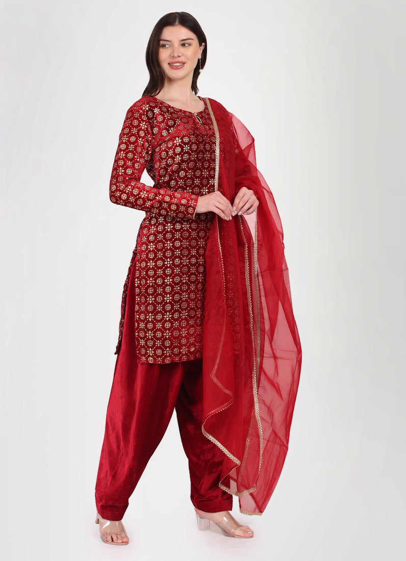 Maroon Velvet Shift Style Suit Set