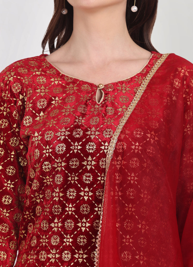 Maroon Velvet Shift Style Suit Set