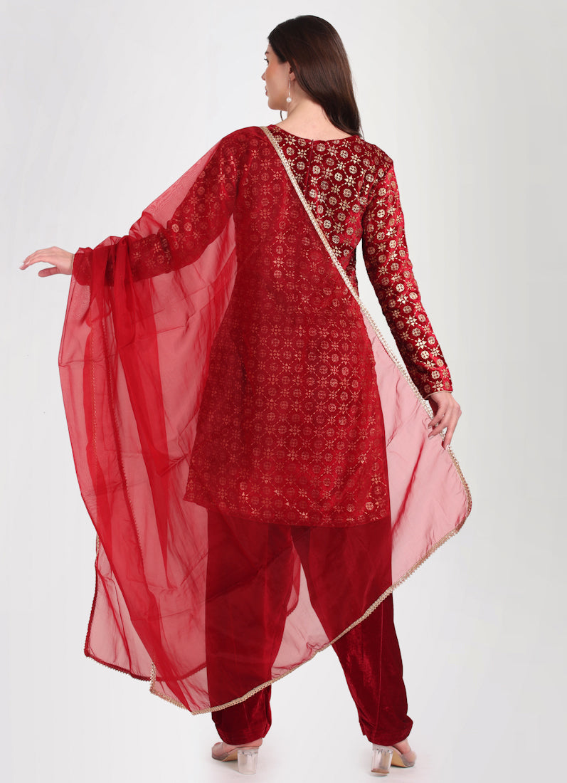 Maroon Velvet Shift Style Suit Set