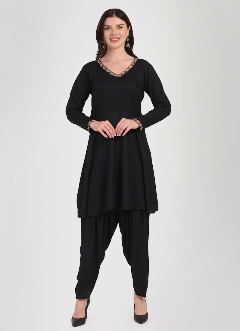 Black Rayon Peplum Shawl Suit Set