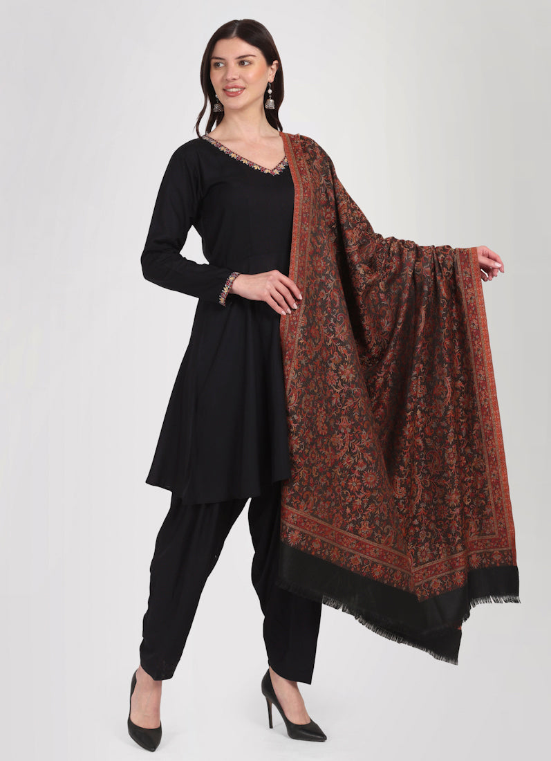 Black Rayon Peplum Shawl Suit Set