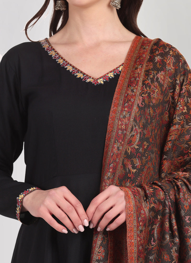 Black Rayon Peplum Shawl Suit Set