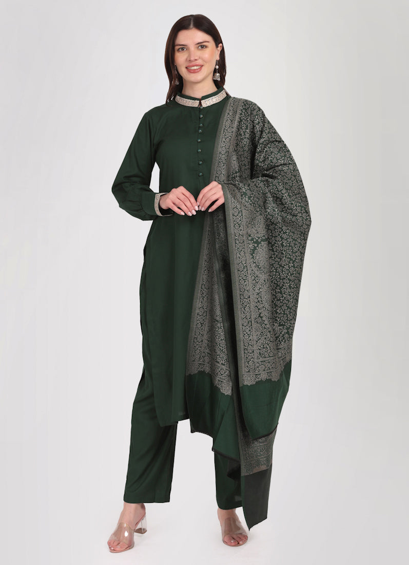 Dark Green Straight Cut Shawl Suit Set