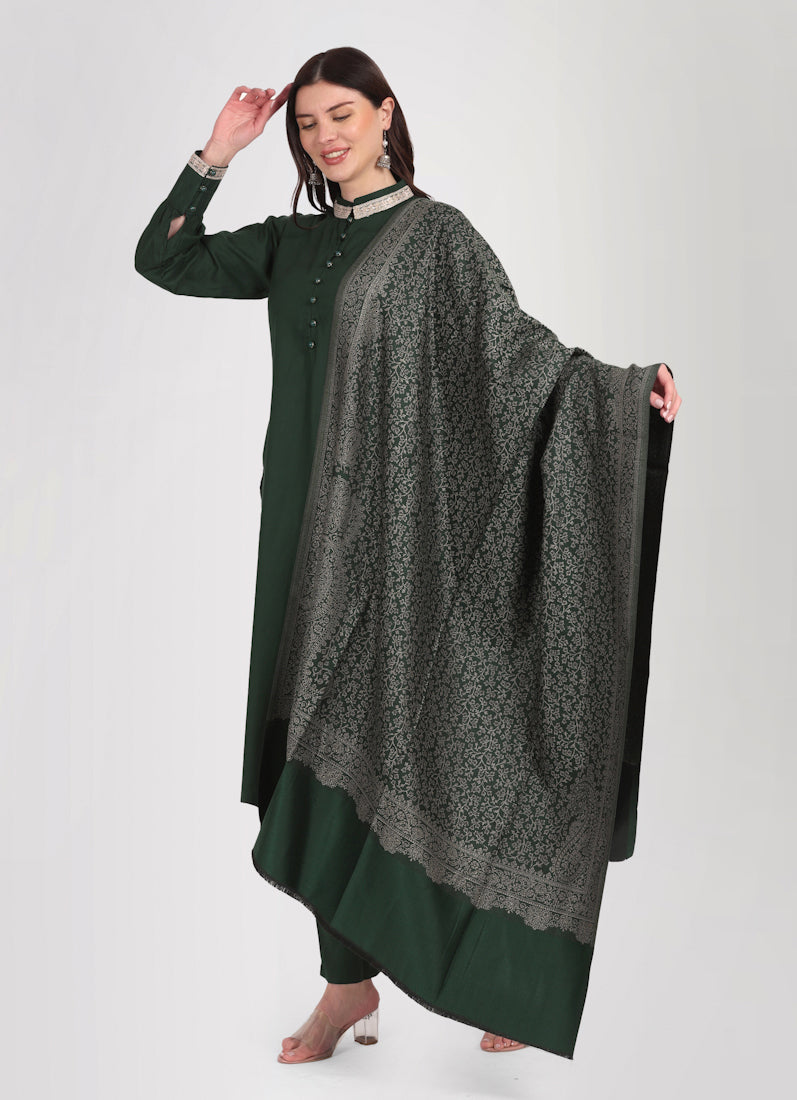 Dark Green Straight Cut Shawl Suit Set